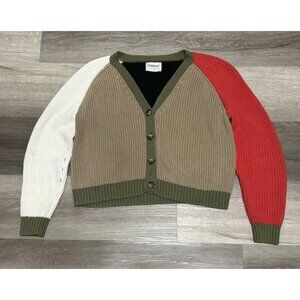 Colorblock Knit Cardigan Sweater Button Up Red Green Tan Small